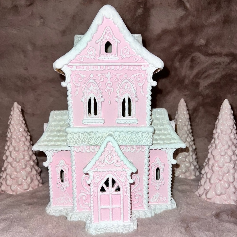 Custom Pink Gingerbread Victorian sugar house castle pastel lights up
